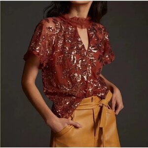 Anthropologie Keyhole Cutout Short Sleeve Sequin Top Blouse Burnt Orange Medium